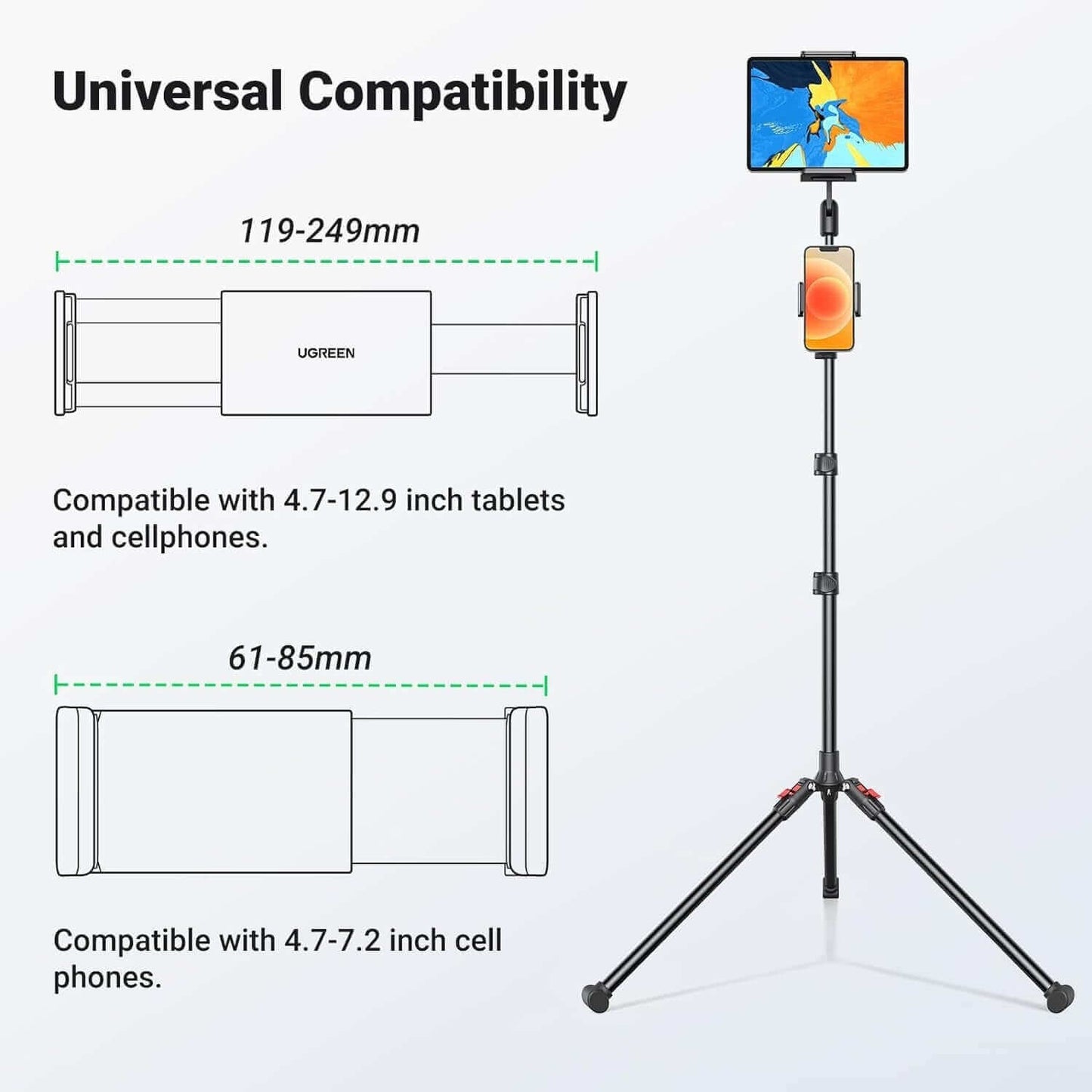 UGREEN 15647 2-in-1 Tablet (Max 12.9 inch) + Phone (Max 7.2 inch) Tripod Stand