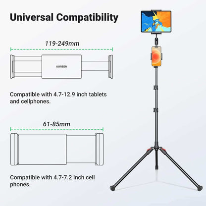 UGREEN 15647 2-in-1 Tablet (Max 12.9 inch) + Phone (Max 7.2 inch) Tripod Stand