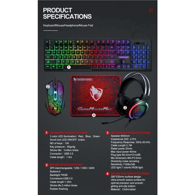 T-Wolf TF400 4-pcs Rainbow Keyboard/Mouse/Headphone/Mouse Pad Kit Set