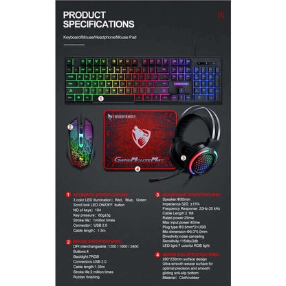 T-Wolf TF400 4-pcs Rainbow Keyboard/Mouse/Headphone/Mouse Pad Kit Set