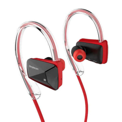 Simplecom NS200 Bluetooth Neckband Sports Headphones with NFC - Sweat-Proof, Premium Sound, Dual Microphones (Black & Red)