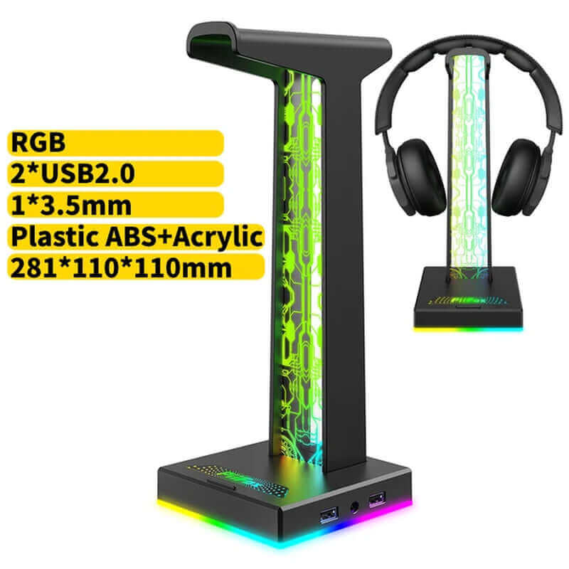 RGB Gaming Headphone Stand 10 Lighting Modes Dual USB Port Computer Headset Stand Holder Desktop Display Earphone Hanger Bracket