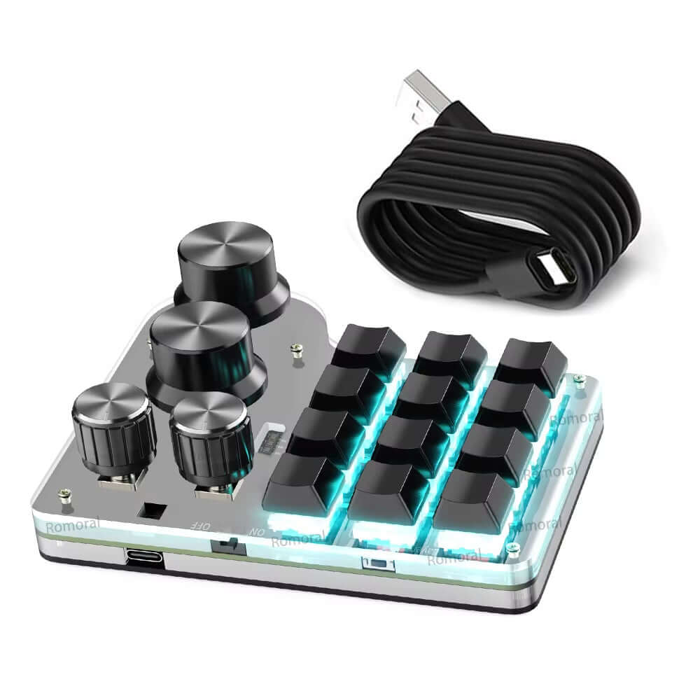 Customizable RGB Hot-swap Macro Keyboard - 12 Mechanical Keys & 4 Knobs for Gaming & Photoshop - Bluetooth Enabled