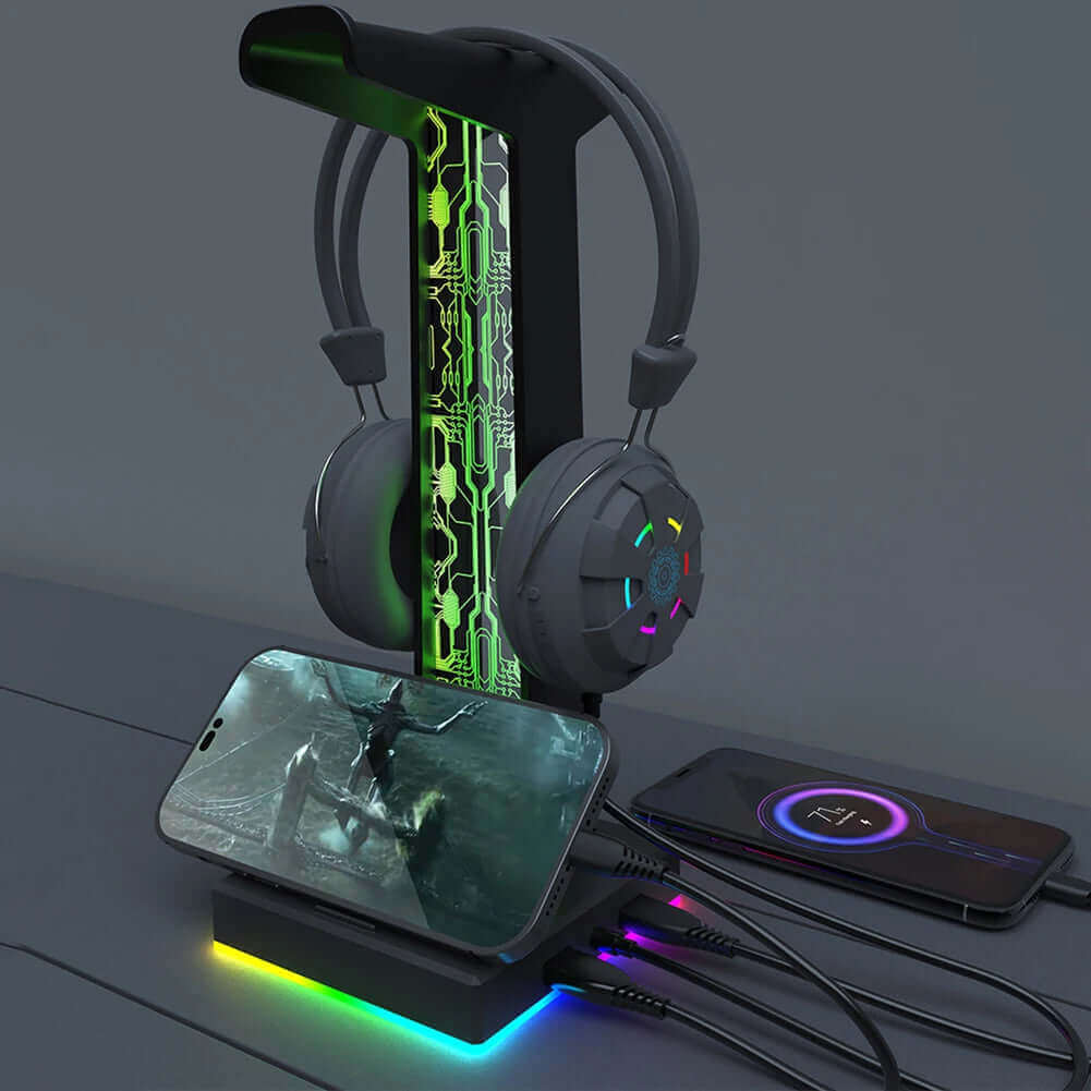 RGB Gaming Headphone Stand 10 Lighting Modes Dual USB Port Computer Headset Stand Holder Desktop Display Earphone Hanger Bracket