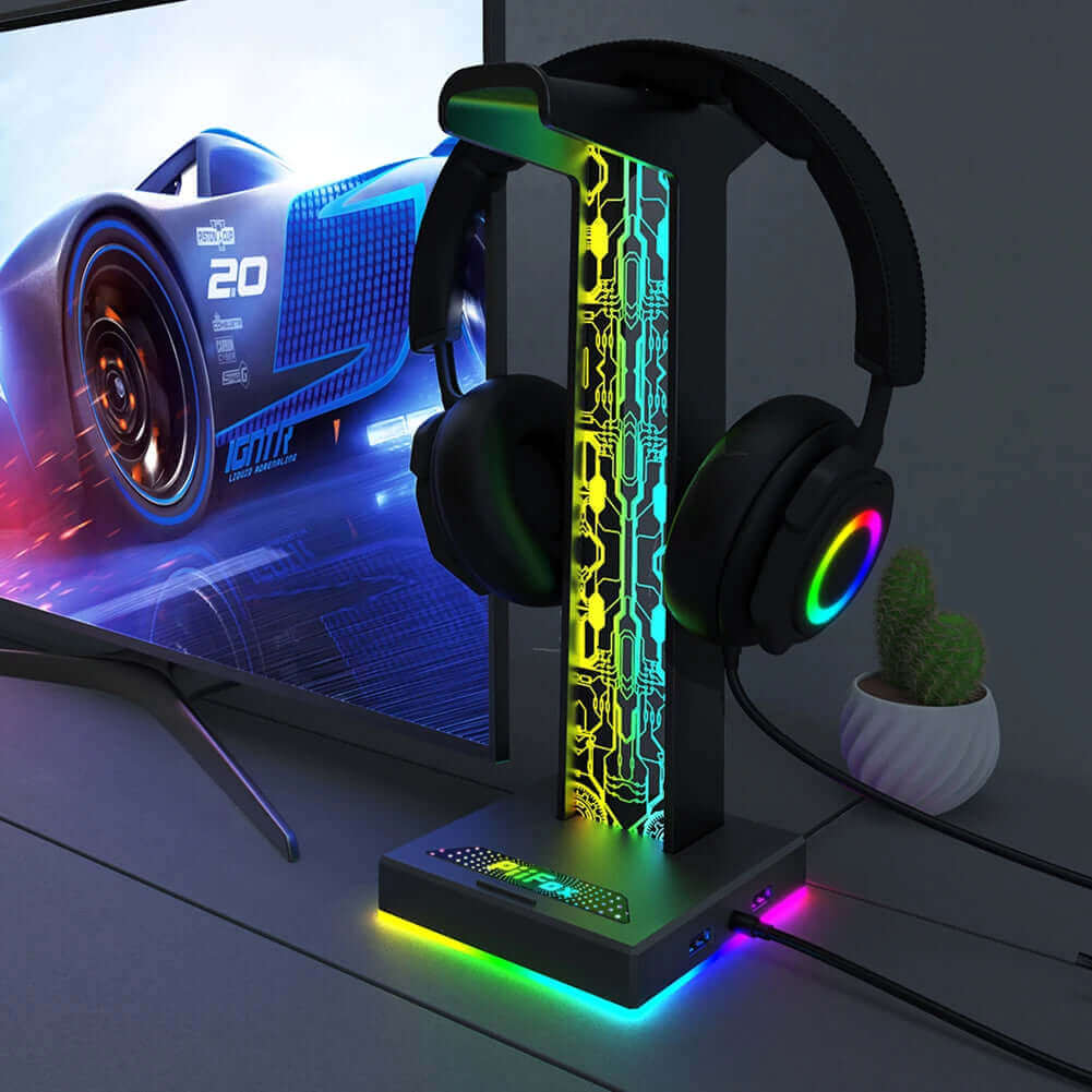 RGB Gaming Headphone Stand 10 Lighting Modes Dual USB Port Computer Headset Stand Holder Desktop Display Earphone Hanger Bracket