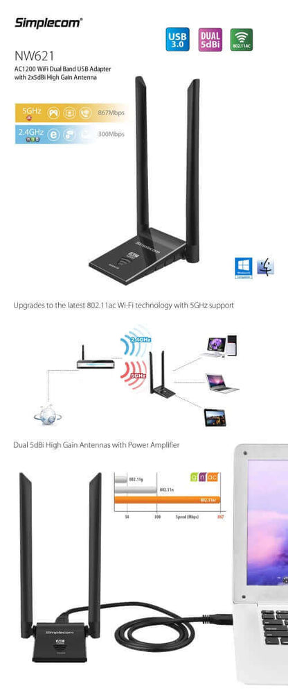 Simplecom NW621 NW628 AC1200 Dual Band USB Wi-Fi Adapter 5dBi Antennas