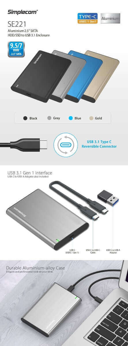 Simplecom SE221 Aluminium 2.5'' SATA HDD/SSD USB 3.1 Enclosure